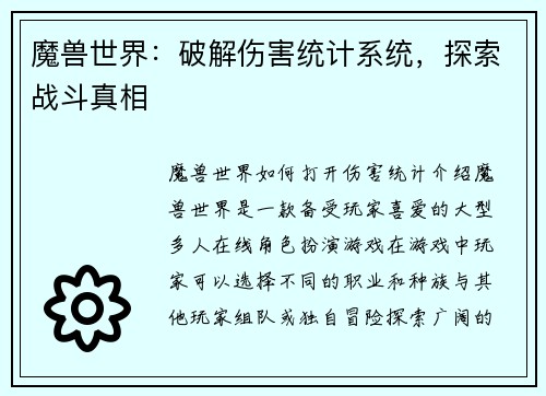 魔兽世界：破解伤害统计系统，探索战斗真相