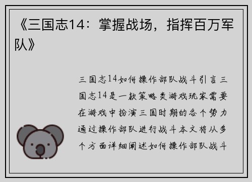 《三国志14：掌握战场，指挥百万军队》
