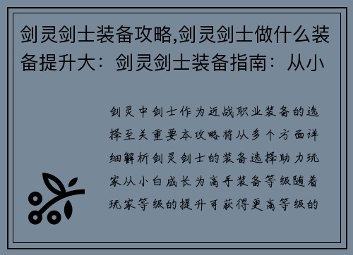 剑灵剑士装备攻略,剑灵剑士做什么装备提升大：剑灵剑士装备指南：从小白到高手