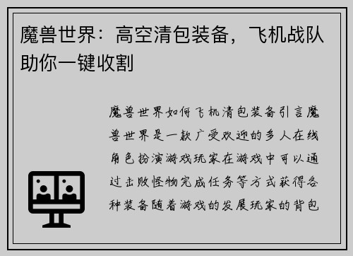魔兽世界：高空清包装备，飞机战队助你一键收割